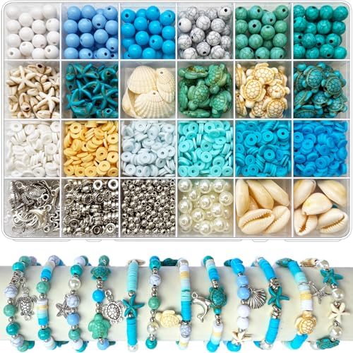 1860Pcs Ocean Beads for Bracelets Making Kit, Blue and White Summer Beach Bead for Jewelry Making, Sea Turtle Shell Starfish Shape Beads 8mm Round Cly Bead for DIY Craft Bracelets Earring (Blue) by JJzxwish