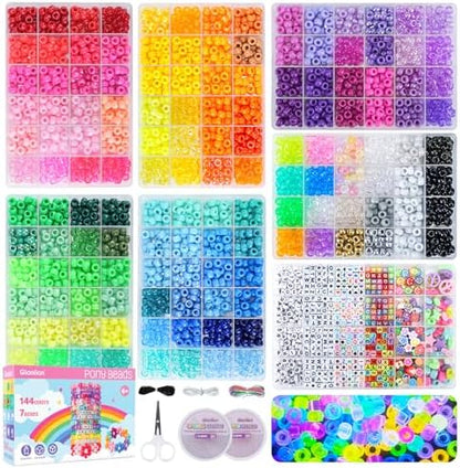 Gionlion 7 Boxes Pony Beads Bracelet Making Kit, 144 Colors 6x9mm Kandi Rave Beads, Friendship Bracelet Kit with 800Pcs Letter Bead for DIY Jewelry, Keychains, Arts and Crafts Gifts by Gionlion