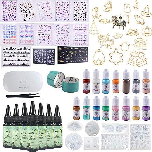 UV Epoxy Resin Crystal Clear + Pearlescent Liquid Pigments + Silicone Molds + Open Back Bezels + Decoration Sheets + Tweezers + Mini Light, Jewelry Making Kit Pendants Earrings Resin Art Craft Set by Unknown