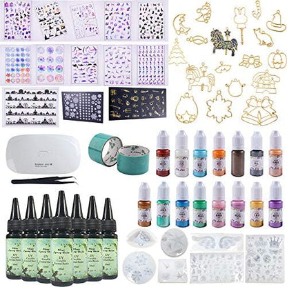 UV Epoxy Resin Crystal Clear + Pearlescent Liquid Pigments + Silicone Molds + Open Back Bezels + Decoration Sheets + Tweezers + Mini Light, Jewelry Making Kit Pendants Earrings Resin Art Craft Set by Unknown