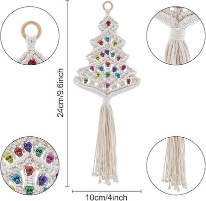 FREEBLOSS 2 Set Macrame DIY Kit Christmas Tree Macrame Tassels Wall Hanging Skull Christmas Tree Hanging Ornaments Skull Wall Tassels Tapestry with Wooden Star for Handmade Craft Beginners