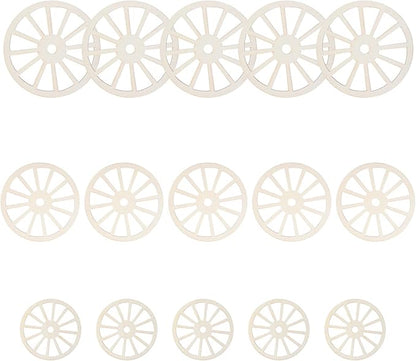 Wooden Wheels for Crafts, 15Pcs 3 Sizes Unfinished Wood Wagon Wheel Decor Blank Wood Slices Hanging Ornaments for DIY Home Party Decoration