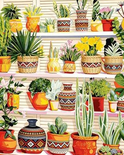 Adult Paint by Number Kits for Beginners, Colorful Potted Plants on Shelves Paint by Numbers Kit for Adults, Botanical Painting by Numbers Canvas, DIY Arts and Crafts for Home Decor, 16x20 Inch by TFIAVSIN