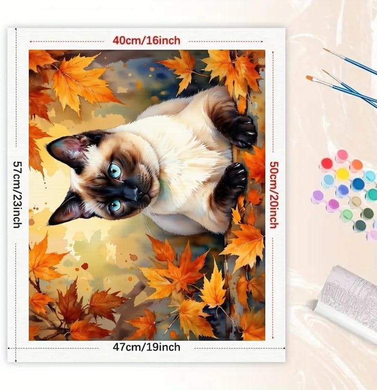 TAOPAOLAB Blue-Eyed Cat in Autumn Paint by Numbers Kit for Adults - DIY Siamese Cat and Fall Foliage Painting on Canvas 16x20 Inches, Acrylic Paint Set, Suitable for Beginners, Pet Art for Decoration - Image 2