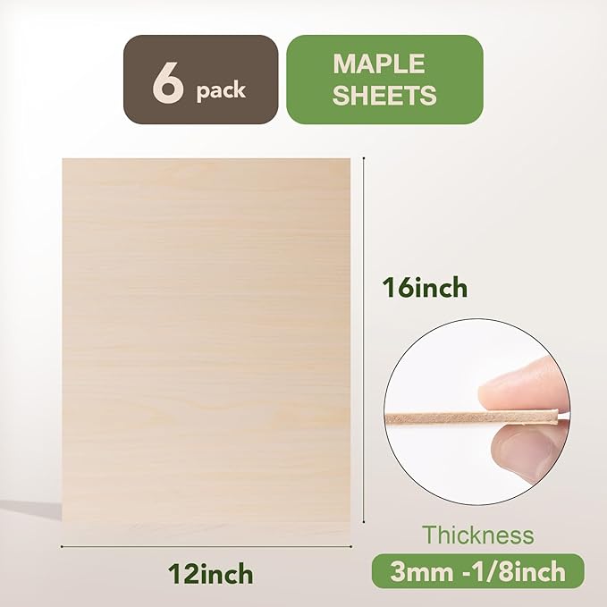 ROBOTIME 6-Pack 3mm Maple Plywood for Laser Cutting - 12 x 16 x 1/8 Inch - Laser Engraving Blanks