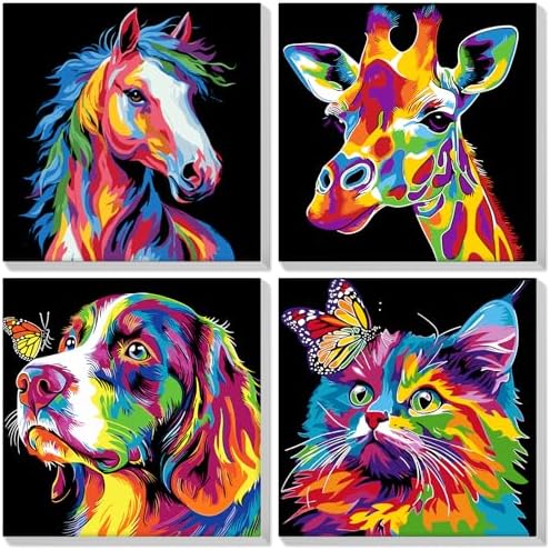 Bowetile 4 Pack Framed Paint by Numbers for Adults Beginners, Colorful Animals Paint by Numbers for Kids Ages 8-12 on Canvas, DIY Oil Acrylic Number Painting Art Crafts for Home Wall Decor, 8x8in by BOWETILE