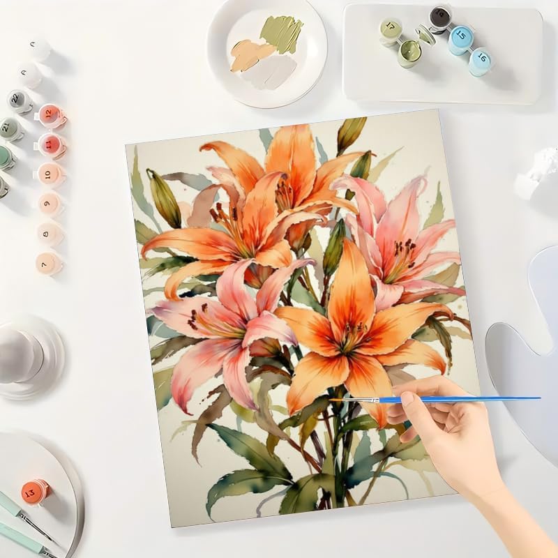 Floral Art Paint by Numbers Kit for Adults - DIY Watercolor Orange Lily Bouquet Painting on Canvas, Acrylic Paint Set, Suitable for Beginners, Art for Home Decoration or Gifts(16X20IN Framed) - Image 3
