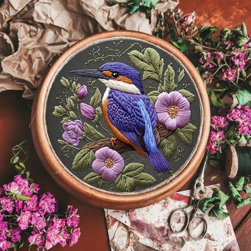 FONNUY Embroidery Kit for Beginners, Birds with Flowers Pre-Stamped Pattern Kits for Adults with Hoop, Easy to Follow Color Thread Needlework, 8'' Hoop (Purple 1) - Image 2