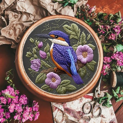 FONNUY Embroidery Kit for Beginners, Birds with Flowers Pre-Stamped Pattern Kits for Adults with Hoop, Easy to Follow Color Thread Needlework, 8'' Hoop (Purple 1) - Image 2