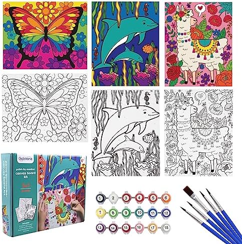 goldentime 3 Pack Kids Paint by Numbers Kit, Pre-Drawn Canvas Painting, Includes 8x10 inch Framed Canvas with 18 Acrylic Paints, 5 Brushes, Perfect Creative Gifts & Arts and Crafts for Kids by Goldentime