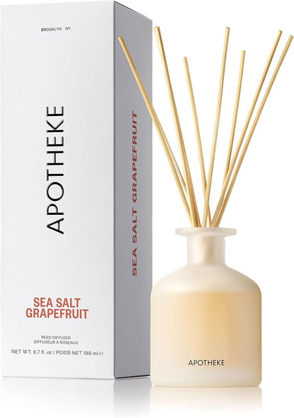 Apotheke Luxury Scented Reed Diffuser for Home, Sea Salt Grapefruit - 6.7 Fl Oz Essential Oil Aromatherapy - 10 Rattan Scent Sticks Room Diffuser - Long-Lasting Fragrance for Bedroom, Home, Bathroom