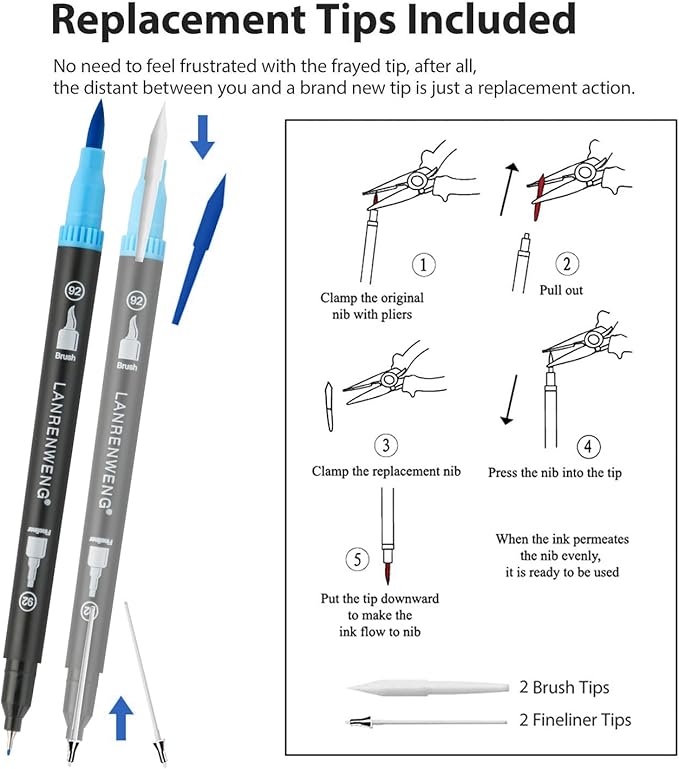 LANRENWENG 100 Colors Duo Tip Brush Markers Art Pen Set, Fine Brush Tip Colored Pens Set with Canvas Bag,Adult Coloring Books Drawing Sketching Calligraphy