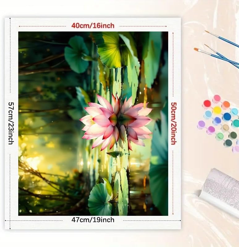 Botanical Paint by Numbers Kit for Adults - DIY Lotus Flower on Pond with Green Leaves Painting on Canvas 16x20 Inches, Acrylic Paint Set, Suitable for Beginners, for Home Decoration or Gifts - Image 2