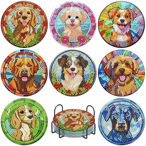 Dog Diamond Art Coasters Kit for Adults, Diamond Painting Coasters 8 Pcs by hkejoi