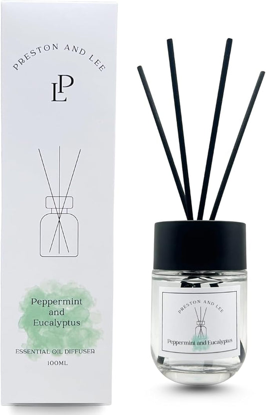 Preston and Lee Reed Diffuser Set | 100 ml (3.4 fl oz) Peppermint and Eucalyptus Scent | Reed Diffuser Set | Aromatherapy Diffusers | Natural Reed Diffuser Oil for Home and Spa Fragrance