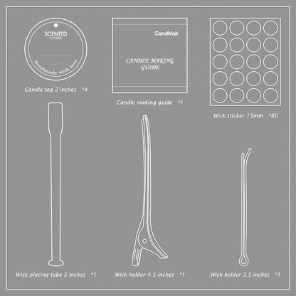 CandMak Candle Wick Kit - 60 Cotton Wicks with Candle Making Tools (Thin, 6 inches)