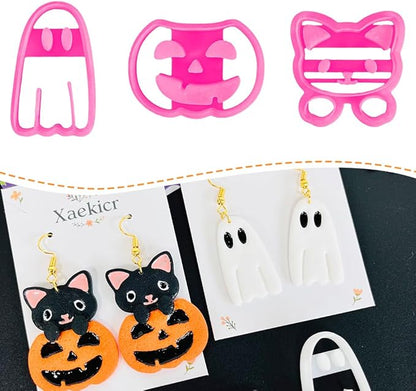 Xaekicr 3Pcs Halloween Polymer Clay Cutters Set – Ghost, Pumpkin, Cat | Clay Earring Cutters for Halloween Jewelry DIY | Polymer Clay Molds & Tools for Earrings Making