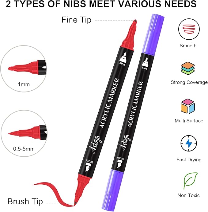 Artugn 24 Colors Acrylic Paint Pens, Dual Tip Markers for Rock, Ceramic, Wood, Plastic, Calligraphy, Scrapbooking, Card Making, Stocking Stuffers, Christmas Gifts for Teens DIY Crafts