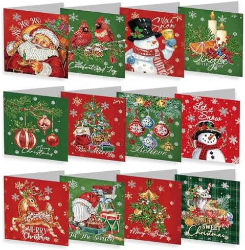 NUOFIX 12 PCS Diamond Art Christmas Cards with Envelopes, Christmas Crafts for Adults, Diamond Painting Kits for Card Making, Holiday DIY Kits (Green) by Unknown