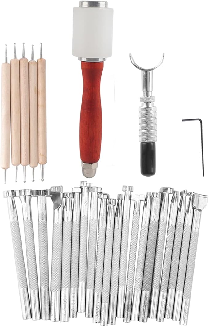 Leather Working Tools Set 28PCS, DIY Leather Craft Stamping and Carving Kit, Wood and Nylon Handle - Complete Leather Crafting Kit, Comfortable Grip, Ideal for Beginners and
