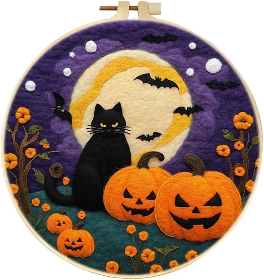 yesJRL Halloween Needle Felting Kit, Felt Painting Kits for Beginners, Pumpkin Felt Painting Set with Wool, Starter Needle Felting Pad, Felting Needles, Felting Wool, Decorative Frame (Halloween-04) by yesJRL