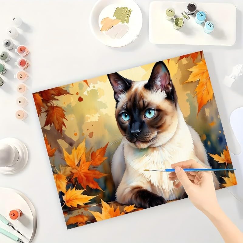 Blue-Eyed Cat in Autumn Paint by Numbers Kit for Adults - DIY Siamese Cat and Fall Foliage Painting on Canvas 8x12In, Framed Acrylic Paint Set, Suitable for Beginners, Pet Art for Decoration - Image 3
