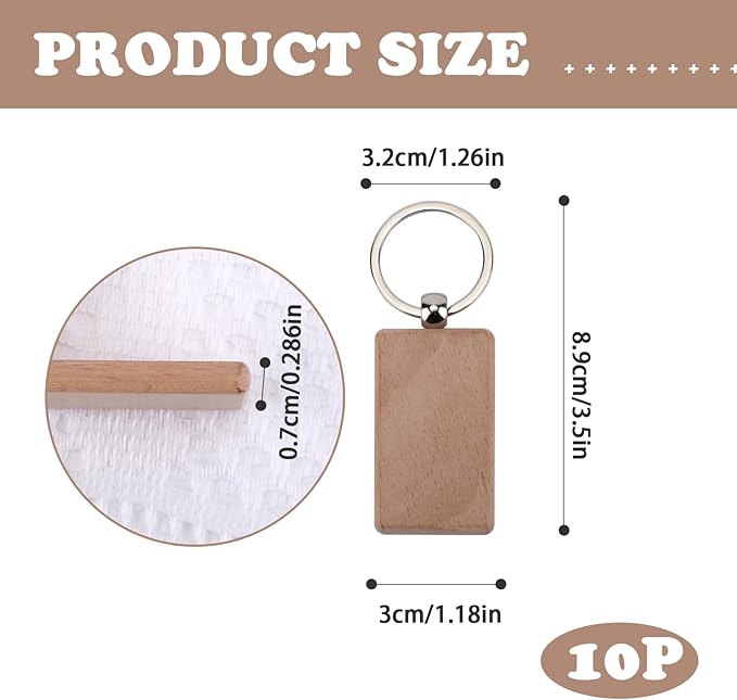 Blank Wooden Key Chain 10 Pieces,Rectangle Wood Blanks for Key Chains, Wood Engraving Blanks for DIY Gift CraftsBlanks Unfinished Wooden Key Ring Key Tag for DIY Gift Crafts