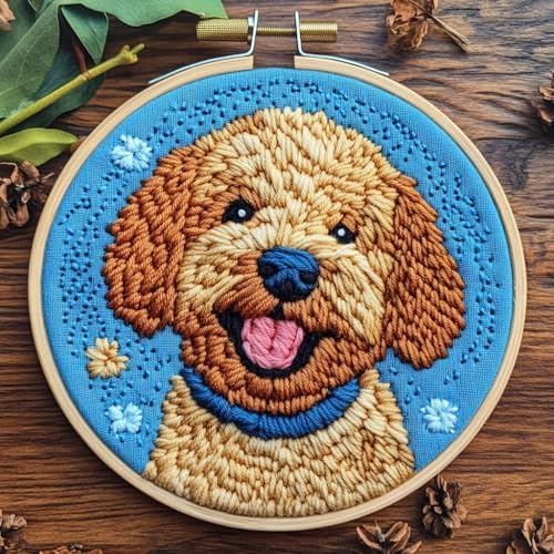 DIY Punch Needle Kits Cute Golden Doodle Dog with Hoop 20x20cm-1 by Unknown