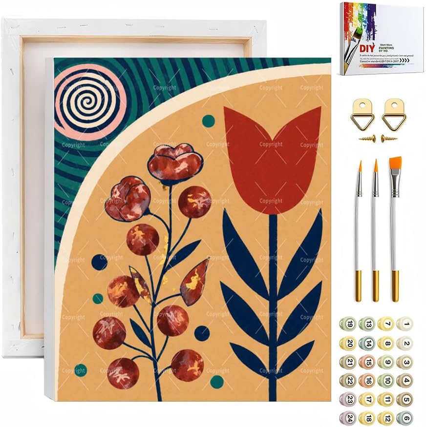 Floral Paint By Numbers Kit For Adults - Diy Red Tulip And Berries Painting On Canvas, Acrylic Paint Set, Suitable For Beginners, Wall Art Decor Art For Home Decoration Or Gifts(8X12IN framed) by Unknown