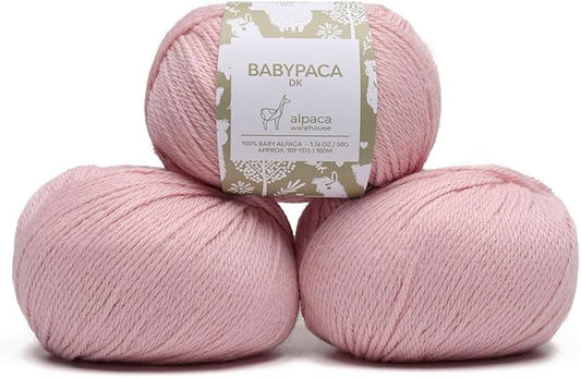 100% Baby Alpaca Yarn Wool Set of 3 Skeins (150 Grams) DK Weight - Made in Peru - Heavenly Soft and Perfect for Knitting and Crocheting (Baby Pink, DK)