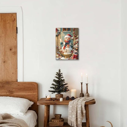 WENGTIAO Funny Christmas Snowman Canvas Wall Art Prints Cute Snowman on Toilet Pictures Posters Winter Scenery Painting Holiday Humor for Bathroom Washroom Xmas Artwork Gifts for Friend Family 16x24in