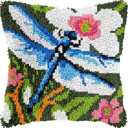veirousa Latch Hook Kits for Adults, DIY Dragonfly Pillow & Rug Craft Kit for Beginners, Floral Handmade Yarn Art, Relaxing Home Sofa Decor Gift 17x17 Inch by VEIROUSA