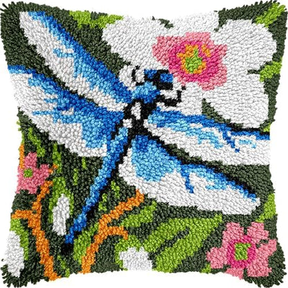 veirousa Latch Hook Kits for Adults, DIY Dragonfly Pillow & Rug Craft Kit for Beginners, Floral Handmade Yarn Art, Relaxing Home Sofa Decor Gift 17x17 Inch by VEIROUSA
