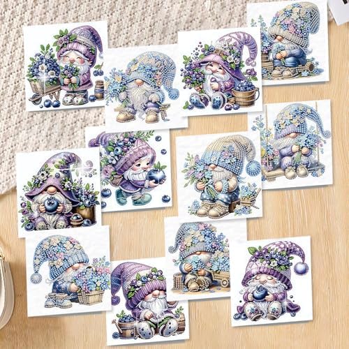 jinglinhh 12pcs Diamond Art Painting Lavender Blueberry Gnome Greeting Cards with Envelopes, DIY Card Making Kits for Adults, Diamond Art Postcards Christmas Cards Craft Gifts - Image 6