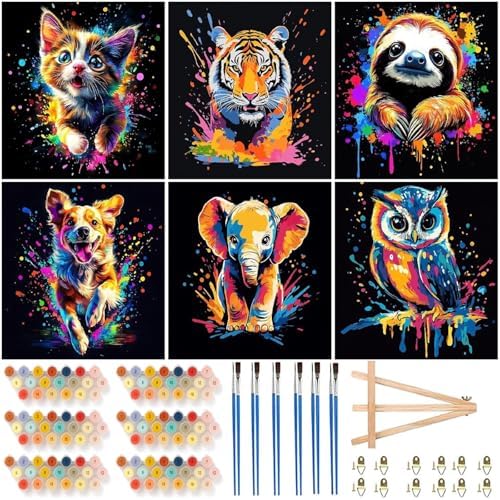 Mowana Framed Paint by Numbers Kit for Adults- 6 Pack Paint by Number for Adults Beginners, Painting Kits on Canvas Colorful Animal Paint by Numbers with Easel for Relaxing & Wall Decor 8x8 inches by Mowana
