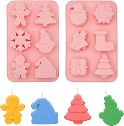 2 Pcs Christmas Soap Silicone Molds for Mini Cakes Xmas Candle Christmas Tree Socks Snowflake Santa Claus Gift Box Jingle Bell Baking Molds for Home Handmade DIY Tool
