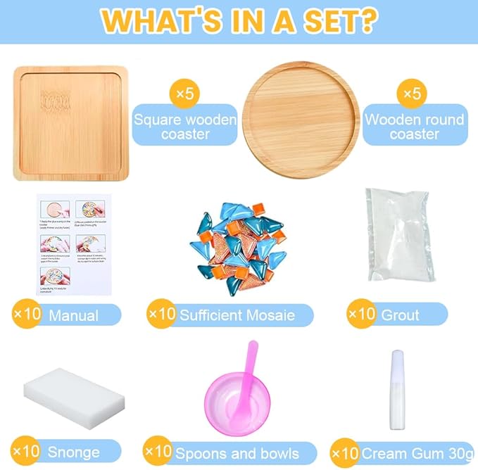 kuchisity 10 Set DIY Glass Mosaic Tiles for Crafts, Mixed Color Mosaic Kits with Wooden Coasters for Adults Bamboo Coaster for Creative Handmade Drinks Home Decoration