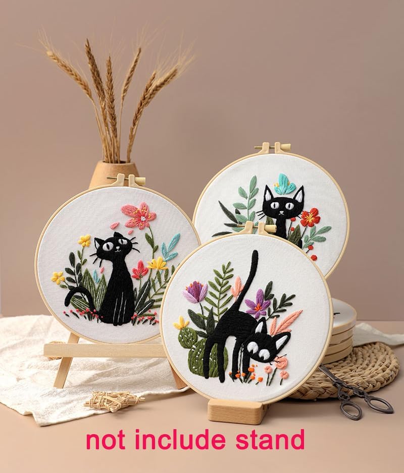 Konrisa 3pcs Embroidery Kits for Beginners Creative Black Cat and Flower Pattern Cross Stitch Practice Kit DIY Sewing Needlepoint, Include 1pcs Hoop - Image 4
