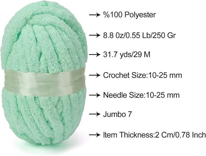 ERLYEEN Chenille Chunky Yarn Super Bulky Soft Thick Fluffy Jumbo Giant Washable Polyester Big Yarn DIY for Arm Knit Blanket Cushion Bed Sofa Home Decor,Mint Green,1.1LB