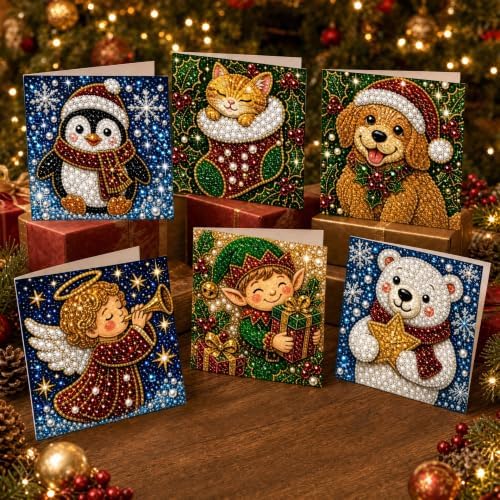 Diamond Art Painting Christmas Cards 6 Pack, 5D DIY Gem Greeting Card Kits by Unknown
