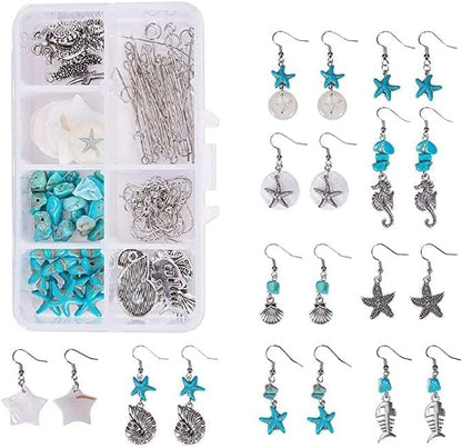 SUNNYCLUE 1 Box DIY 10 Pair Starfish Seahorse Shell Turquoise Earring Making Kit Jewelry Making Supplies Beading Starter Kits for Beginner Adults, Fish Hook, Ocean Beach Theme, Instruction - Image 2