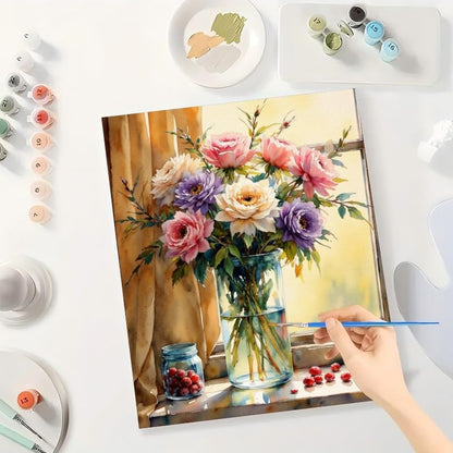 Floral Still Life Paint by Numbers Kit for Adults - DIY Colorful Flower Bouquet by Window Painting on Canvas 16x20 Inches, Acrylic Paint Set, Suitable for Beginners, Art for Home Decoration or Gifts - Image 3