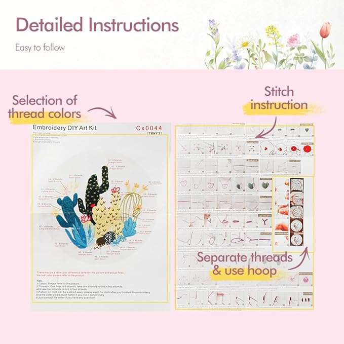 4 Pack Embroidery kit for Beginners Adults DIY Starter Kit, Cross Stitch Kits with Flower Stamped Patterns, Embroidery Hoop, Tools,Colorful Threads,Step by Step Instructions,Hand Craft Lover Gift