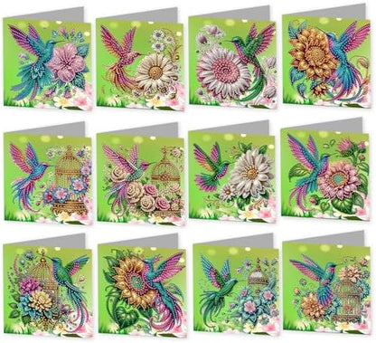 12 Pack Flower Diamond Painting Greeting Kits Hummingbird DIY 5D Diamond Art with Envelopes & Rhinestones, Creative Christmas Birthday Gifts for Adults, Family, Friends by Unknown