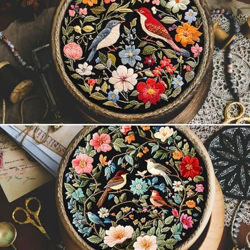FONNUY Embroidery Kit for Beginners, Birds with Flowers Pre-Stamped Pattern Kits for Adults with Hoop, Easy to Follow Color Thread Needlework, 8'' Hoop (Red) - Image 2
