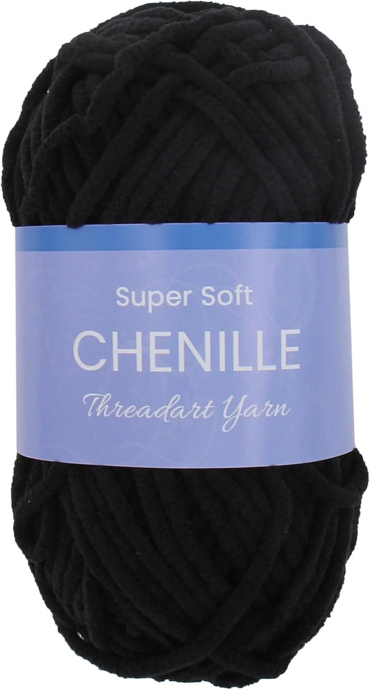 ThreadArt Chenille Yarn for Crocheting, Knitting, Amigurumi, Super Soft Plush Velvet Yarn - 50 Gram 60 yds #5 Fluffy Yarn Skeins - Black 16