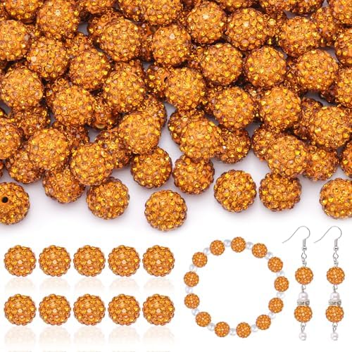 200pcs 10mm Rhinestone Beads for Jewelry Making, Golden Shiny Round Disco Ball Beads Bulk, Sparkle Crystal Clay Christmas for Bracelet Baseball Necklace Earring Crafting and DIY by TINKRSTUFF