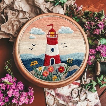 FONNUY Embroidery Kit for Beginners, Lighthouse Landscape Flowers Pre-Stamped Pattern Kits for Adults with Hoop, Easy to Follow Color Thread Needlework, 8'' Hoop (Orange) - Image 3
