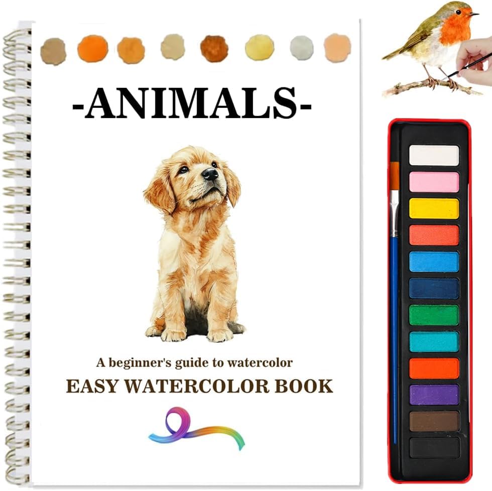 Watercolor Workbooks Coloring Book Beginner Friendly Painting Kit Easy Nature Scenes Paint Set Art Crafts for Creative Exploration Gift for Adults (Animals, with Palette) by Unknown
