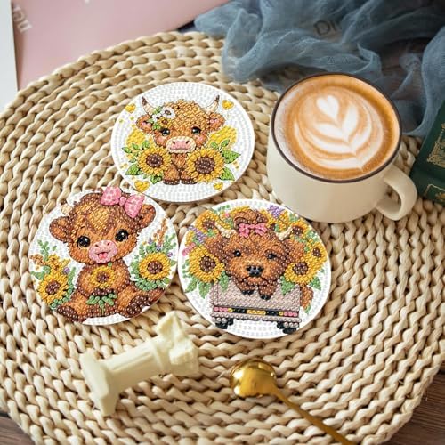 8 Pcs Cow Diamond Painting Coasters with Holder, Highland Cow Diamond Painting Kits, Cute Cow Diamond Art Coasters, 5D DIY Full Drill Diamond Dots, Diamond Art Kits for Adults Crafts Supplies - Image 4